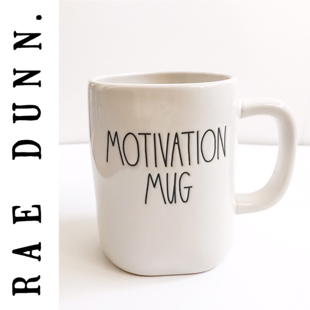 NEW Rae Dunn “Motivation Mug”. White & Black Ceramic Coffee Cup w/ handle